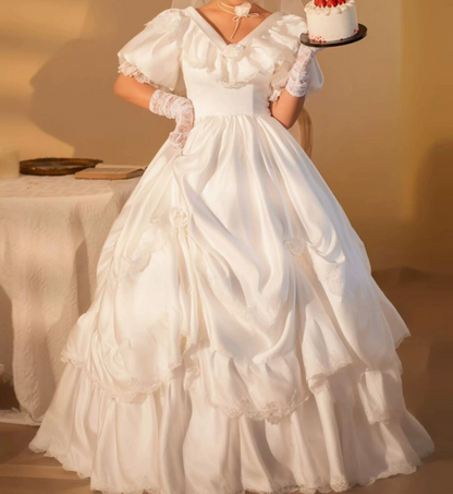 Classical V Neck Wedding Dresses Short Sleeve Satin Lace A-Line Bridal Dress C9994