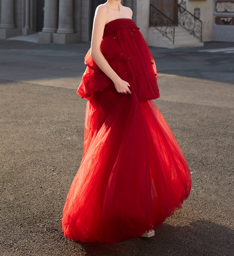 Robe de bal de princesse bustier à volants en satin long, robe de soirée C8117