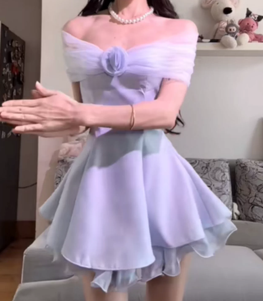 Chic Off-Shoulder Blue Homecoming Dress Satin Tulle A-Line Birthday Dress C9997