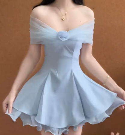 Chic Off-Shoulder Blue Homecoming Dress Satin Tulle A-Line Birthday Dress C9997