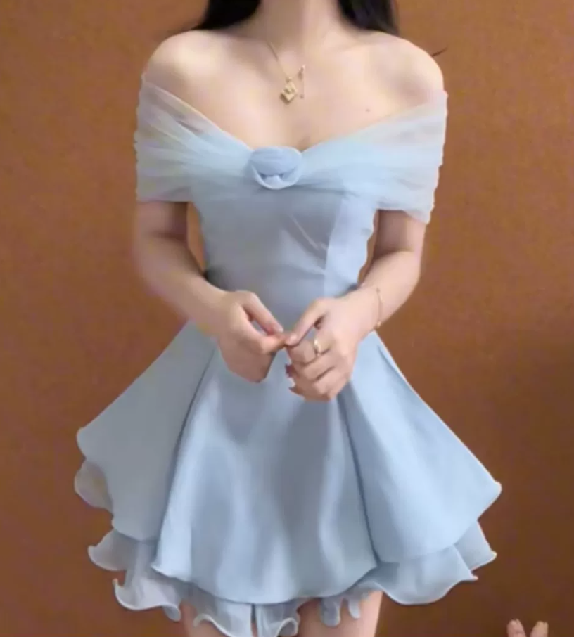 Chic Off-Shoulder Blue Homecoming Dress Satin Tulle A-Line Birthday Dress C9997