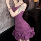 Sexy Spaghetti Straps Purple Mini Dress Ruffles Sheath Short Dress C9998