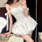 Graceful Off-Shoulder Mini Dress Bow White Satin A-Line Short Dress C9999