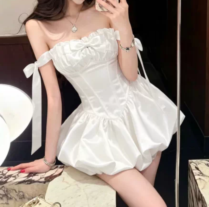 Graceful Off-Shoulder Mini Dress Bow White Satin A-Line Short Dress C9999