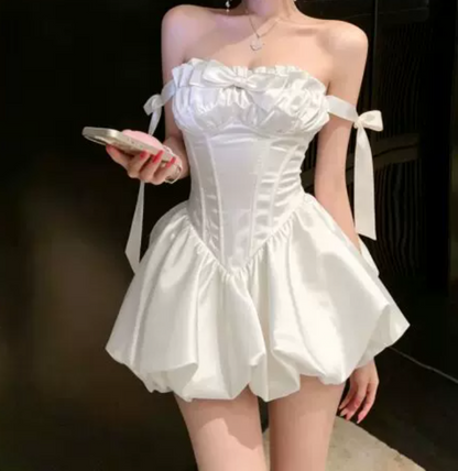 Graceful Off-Shoulder Mini Dress Bow White Satin A-Line Short Dress C9999