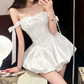 Graceful Off-Shoulder Mini Dress Bow White Satin A-Line Short Dress C9999