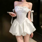 Graceful Off-Shoulder Mini Dress Bow White Satin A-Line Short Dress C9999