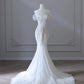 Elegant Mermaid Off The Shoulder White Long Tulle Wedding Dresses With Beads CC352