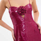 Robe de soirée sexy à bretelles spaghetti bordeaux sans manches et longue robe de bal à paillettes C2154