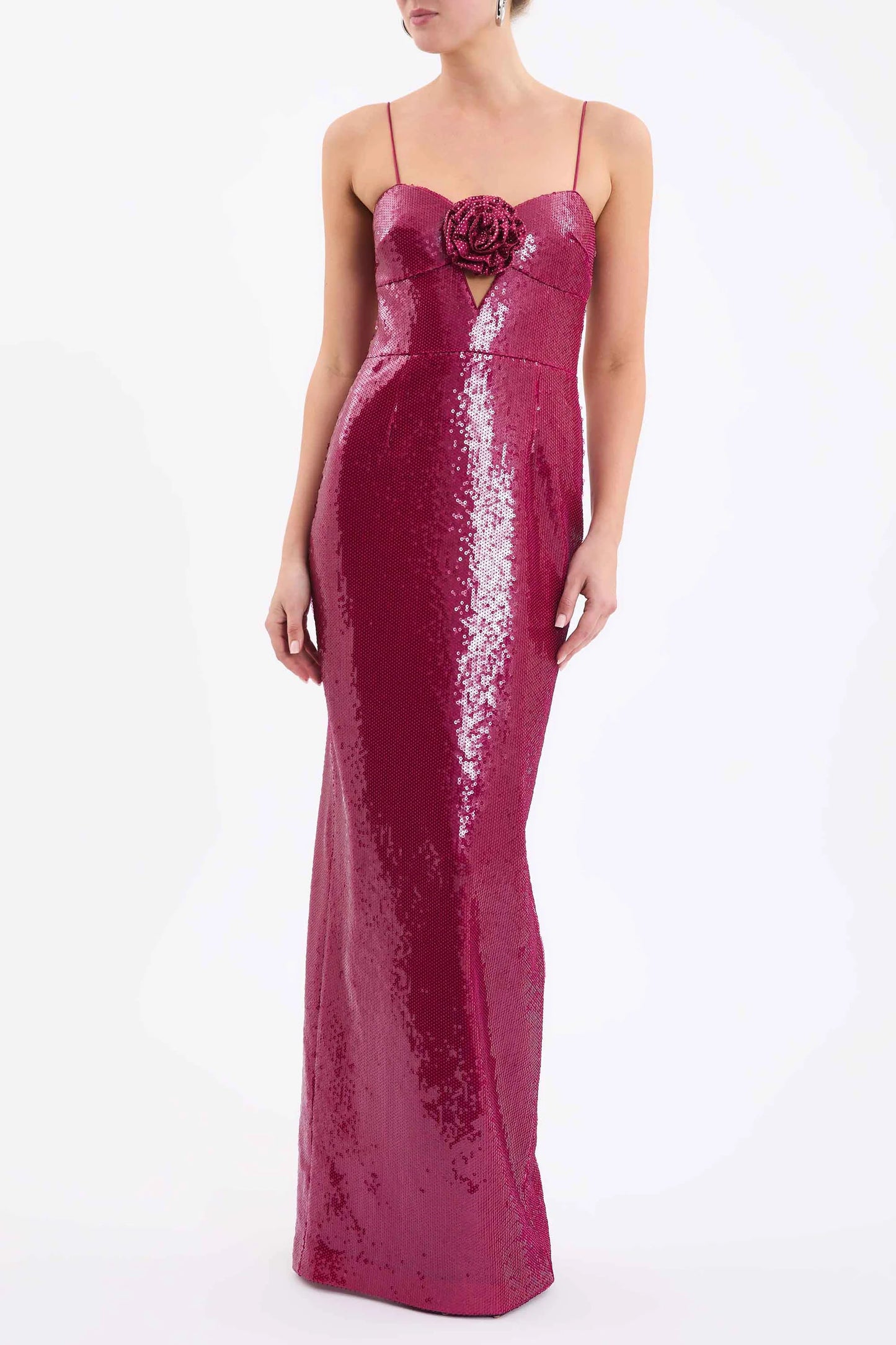 Robe de soirée sexy à bretelles spaghetti bordeaux sans manches et longue robe de bal à paillettes C2154