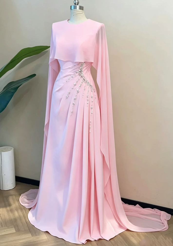 Vintage Jewel Neck Pink Prom Dress Long Cape Beading Sheath Evening Dress D0001