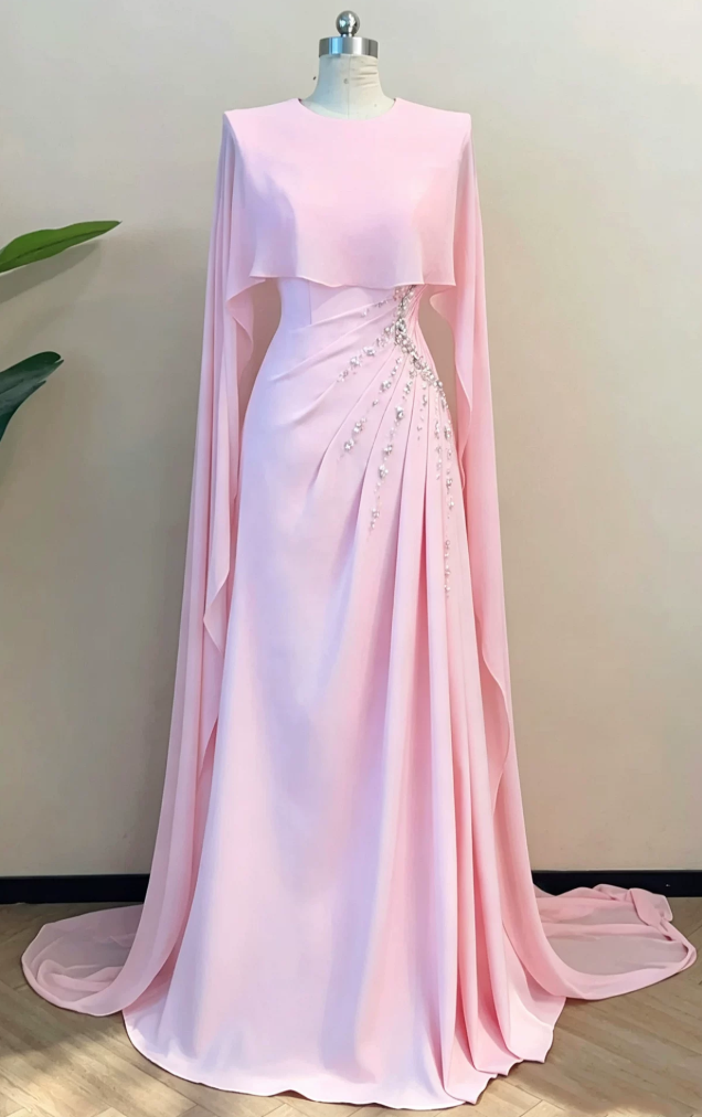Vintage Jewel Neck Pink Prom Dress Long Cape Beading Sheath Evening Dress D0001