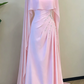Vintage Jewel Neck Pink Prom Dress Long Cape Beading Sheath Evening Dress D0001