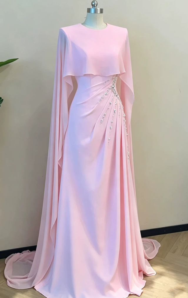 Vintage Jewel Neck Pink Prom Dress Long Cape Beading Sheath Evening Dress D0001