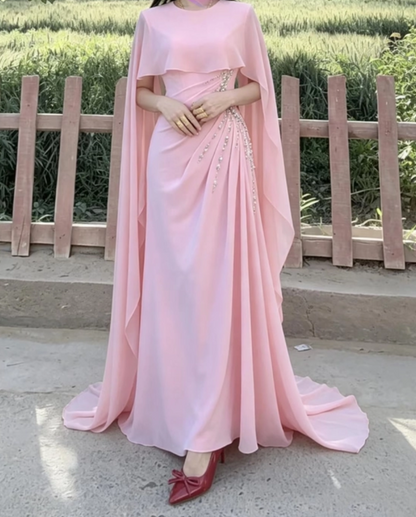 Vintage Jewel Neck Pink Prom Dress Long Cape Beading Sheath Evening Dress D0001