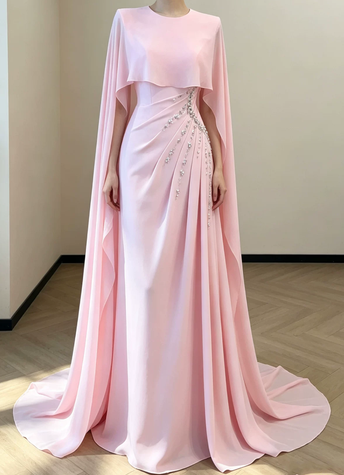 Vintage Jewel Neck Pink Prom Dress Long Cape Beading Sheath Evening Dress D0001