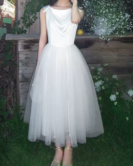 Alluring Jewel Neck Wedding Dresses Satin Tulle A-Line Bridal Dress D0003