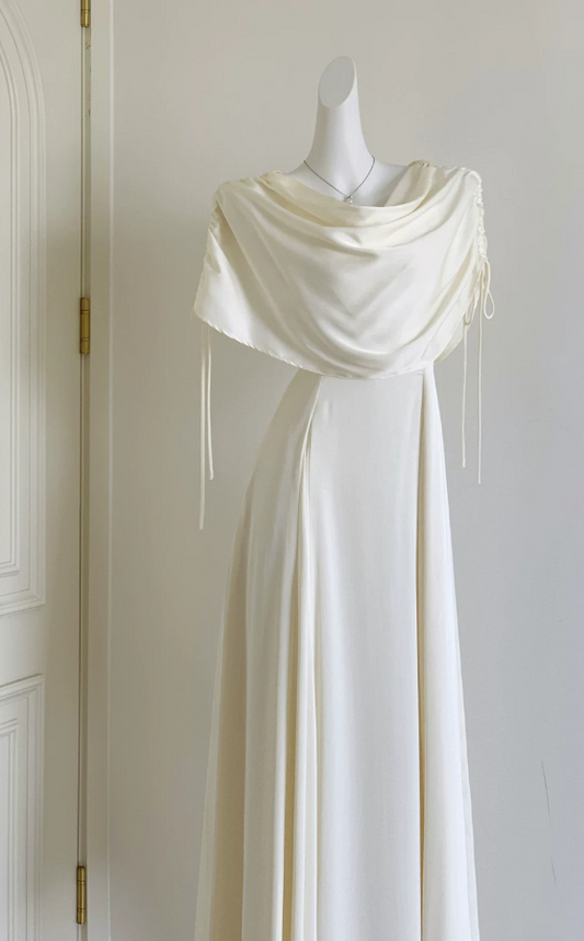 Graceful Draped Neck Prom Dress White A-Line Evening Dress D0052