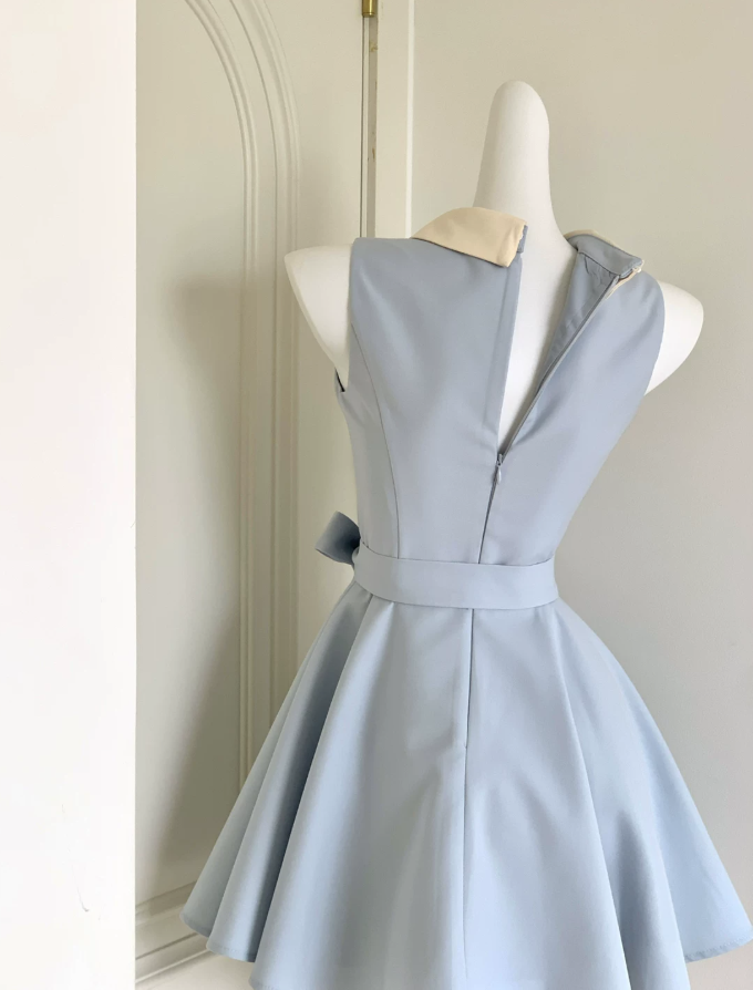 Trendy Jewel Neck Mini Dress Blue Bow A-Line Short Dress D0055