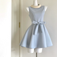 Trendy Jewel Neck Mini Dress Blue Bow A-Line Short Dress D0055
