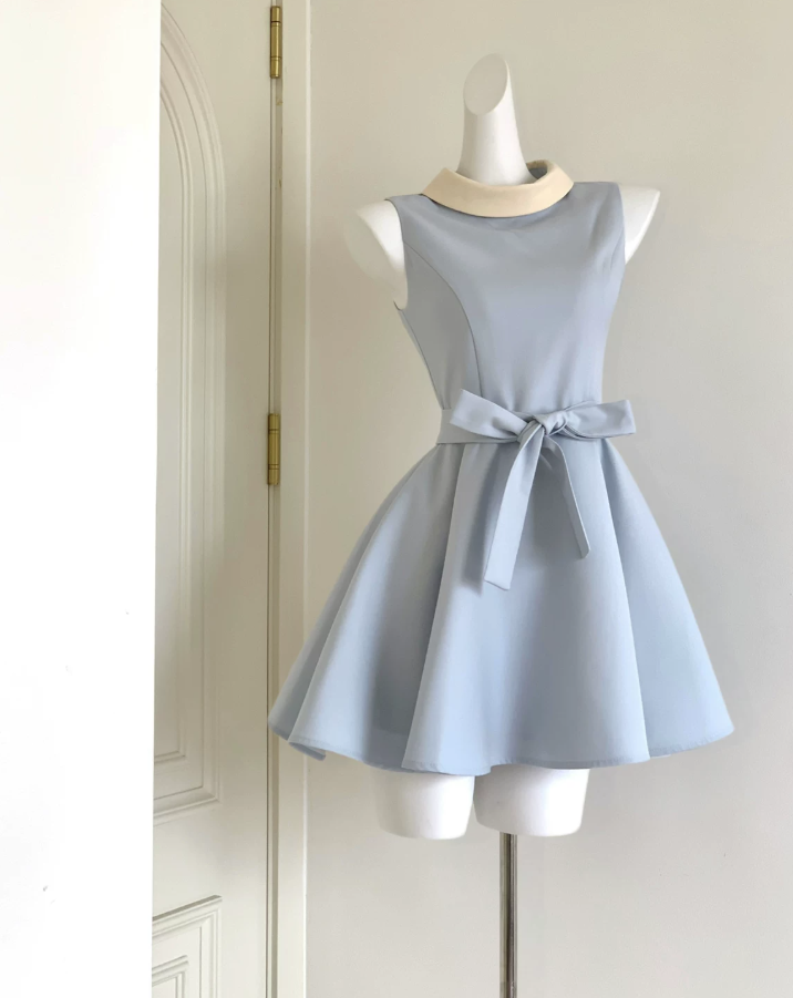 Trendy Jewel Neck Mini Dress Blue Bow A-Line Short Dress D0055