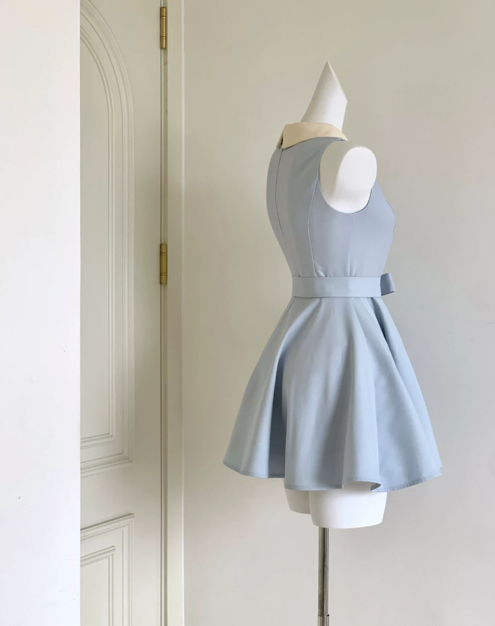 Trendy Jewel Neck Mini Dress Blue Bow A-Line Short Dress D0055