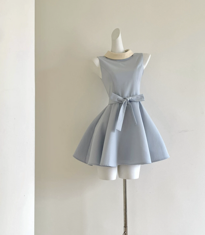Trendy Jewel Neck Mini Dress Blue Bow A-Line Short Dress D0055