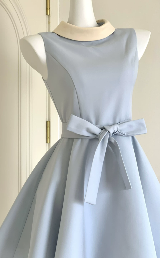 Trendy Jewel Neck Mini Dress Blue Bow A-Line Short Dress D0055