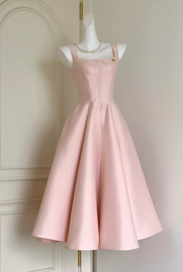 Simple Spaghetti Straps Prom Dress Pink Satin A-Line Evening Dress D0058