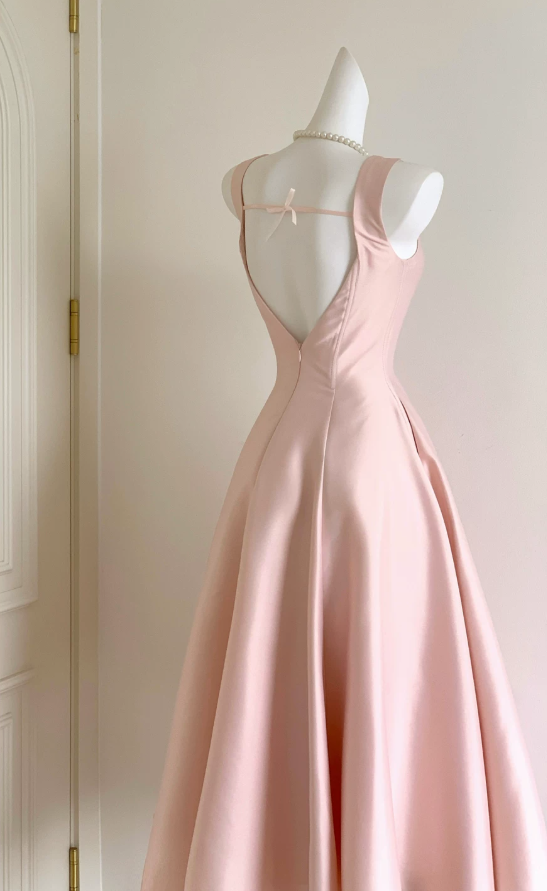 Simple Spaghetti Straps Prom Dress Pink Satin A-Line Evening Dress D0058