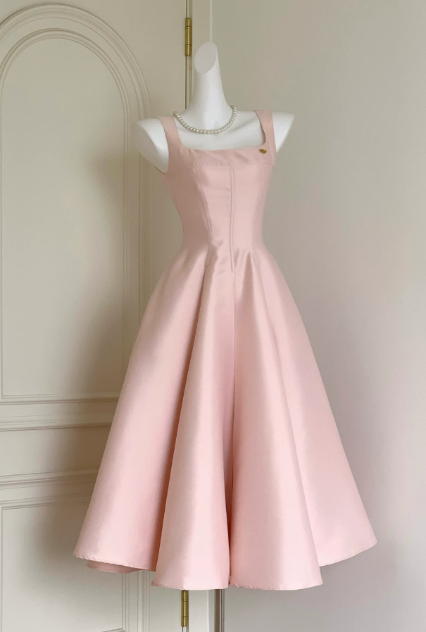 Simple Spaghetti Straps Prom Dress Pink Satin A-Line Evening Dress D0058