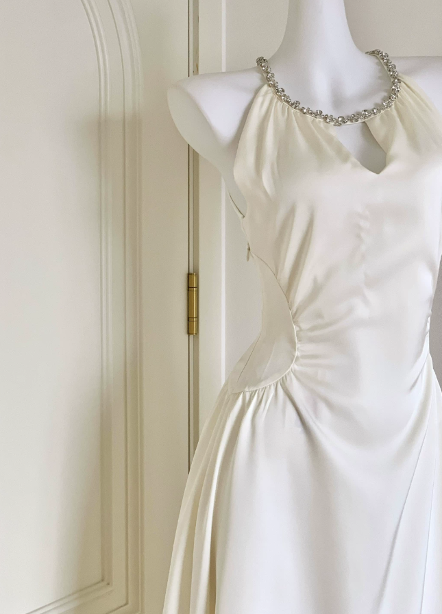 Classical Jewel Neck Beaded Prom Dress White Satin A-Line Evening Dress D0060