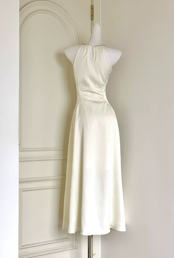 Classical Jewel Neck Beaded Prom Dress White Satin A-Line Evening Dress D0060