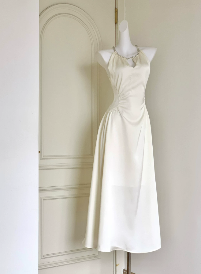 Classical Jewel Neck Beaded Prom Dress White Satin A-Line Evening Dress D0060