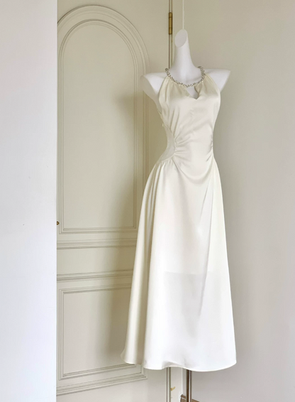 Classical Jewel Neck Beaded Prom Dress White Satin A-Line Evening Dress D0060