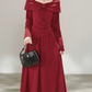 Romantic Square Neck Prom Dress Long Sleeve Red A-Line Evening Dress D0062