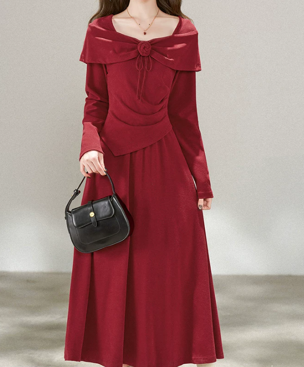 Romantic Square Neck Prom Dress Long Sleeve Red A-Line Evening Dress D0062