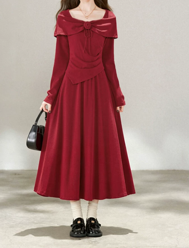 Romantic Square Neck Prom Dress Long Sleeve Red A-Line Evening Dress D0062