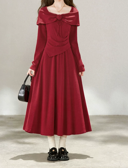 Romantic Square Neck Prom Dress Long Sleeve Red A-Line Evening Dress D0062