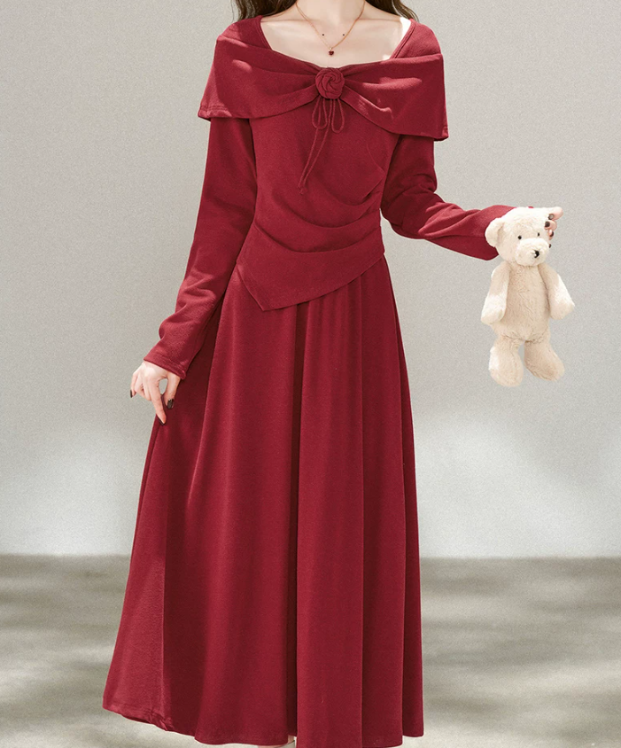 Romantic Square Neck Prom Dress Long Sleeve Red A-Line Evening Dress D0062