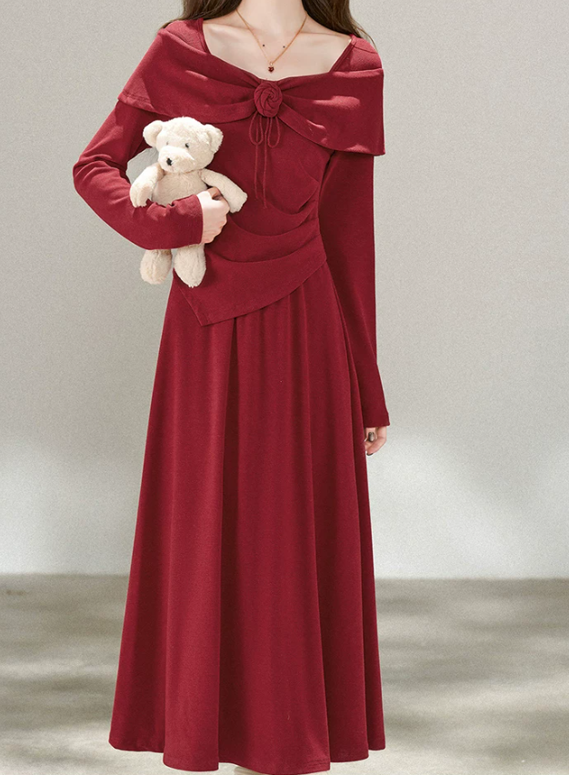 Romantic Square Neck Prom Dress Long Sleeve Red A-Line Evening Dress D0062