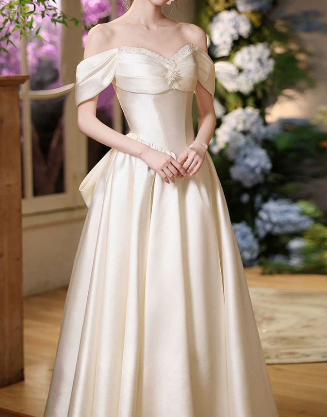 Chic Off-Shoulder Wedding Dresses Satin Bow Beads A-Line Bridal Dress D0064