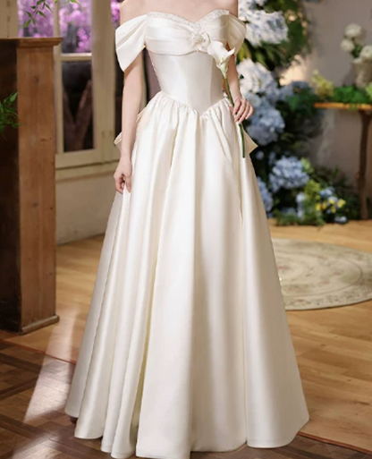 Chic Off-Shoulder Wedding Dresses Satin Bow Beads A-Line Bridal Dress D0064