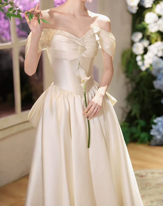 Chic Off-Shoulder Wedding Dresses Satin Bow Beads A-Line Bridal Dress D0064