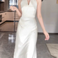 Unique Halter Neck Prom Dress White Sheath Evening Dress D0068