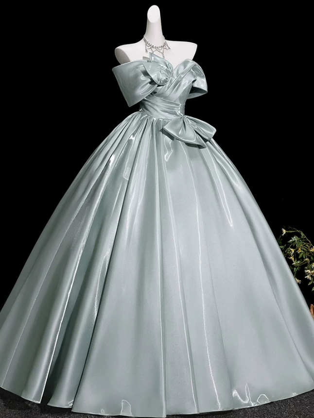 Attractive Off-Shoulder Blue Prom Dress Bows Satin A-Line Evening Dress D0071