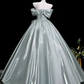 Attractive Off-Shoulder Blue Prom Dress Bows Satin A-Line Evening Dress D0071