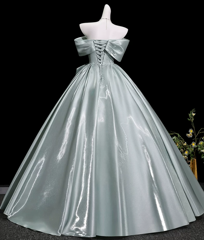Attractive Off-Shoulder Blue Prom Dress Bows Satin A-Line Evening Dress D0071