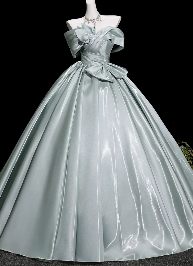 Attractive Off-Shoulder Blue Prom Dress Bows Satin A-Line Evening Dress D0071