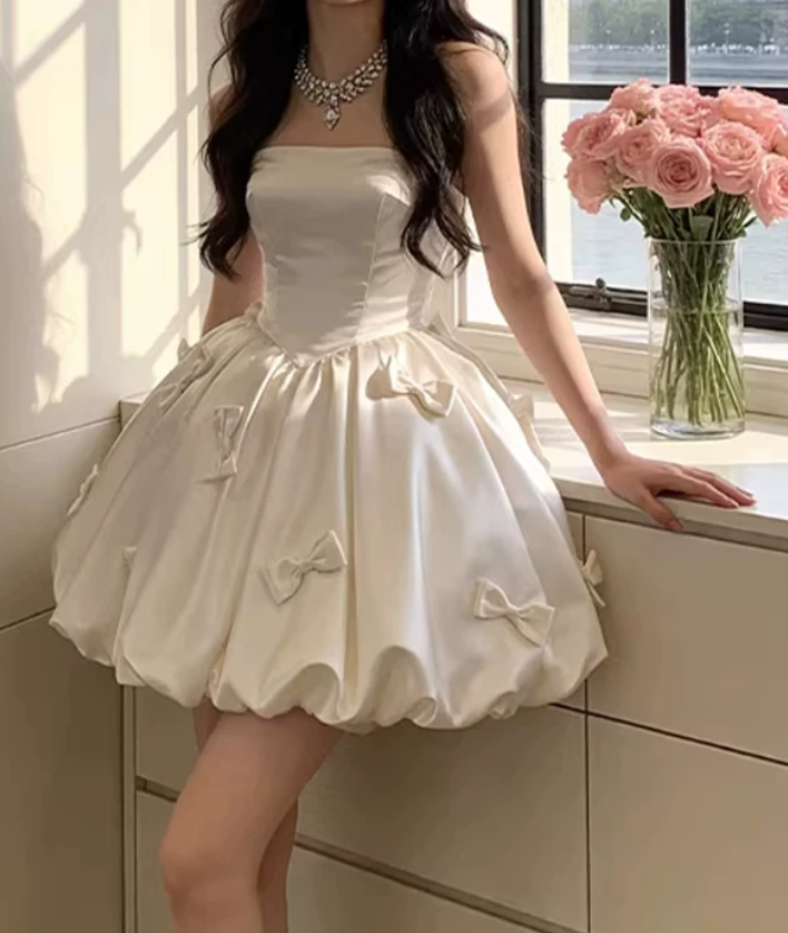 Cute Strapless Ivory Homecoming Dress Bows Satin A-Line Birthday Dress D0072
